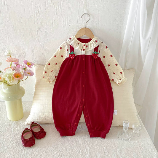 Autumn Hot Selling Baby Girls Long Sleeves Red Strawberry Pattern Color Patchwork Rompers