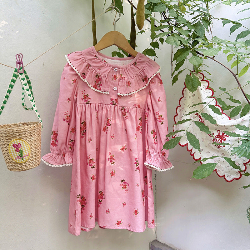 Autumn Arrival Baby Kids Girls Floral Pattern Long Sleeves Dress with Collar