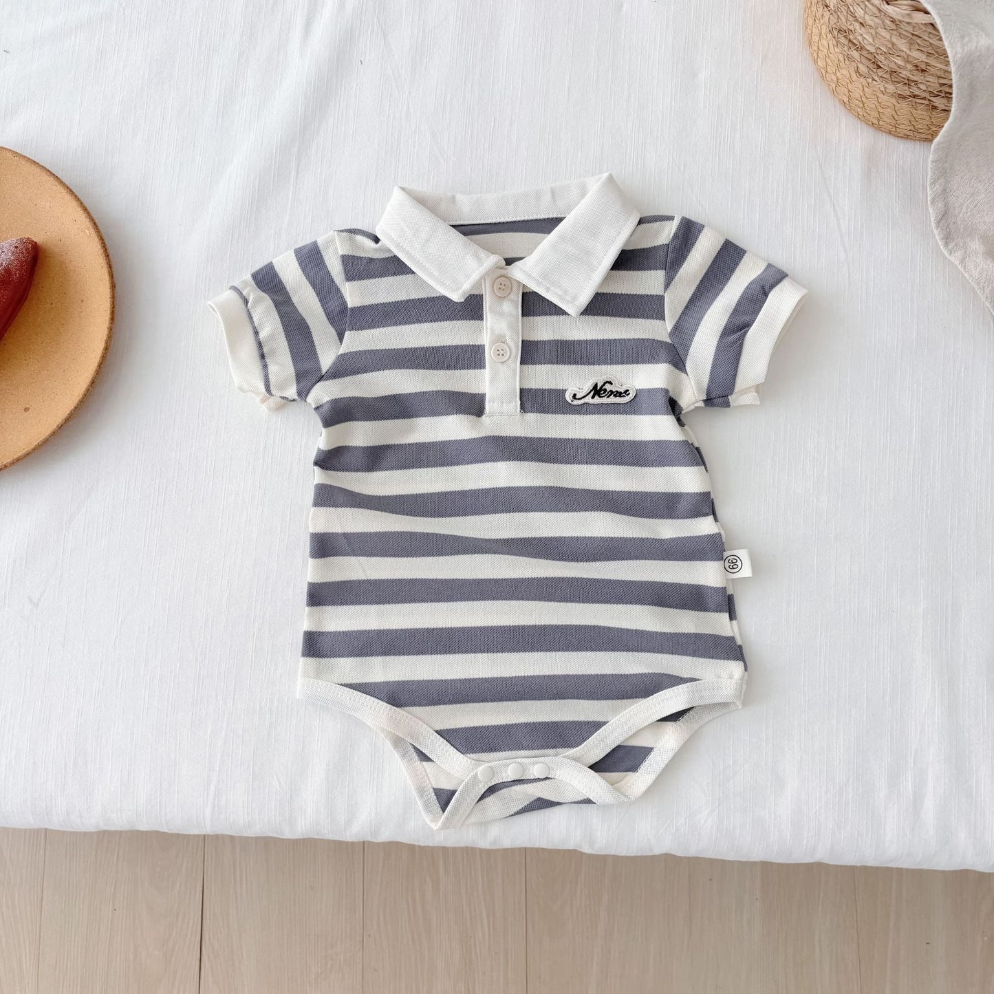 Summer Arrival Baby Unisex Casual Striped Short Sleeves Turn-down Collar Onesies