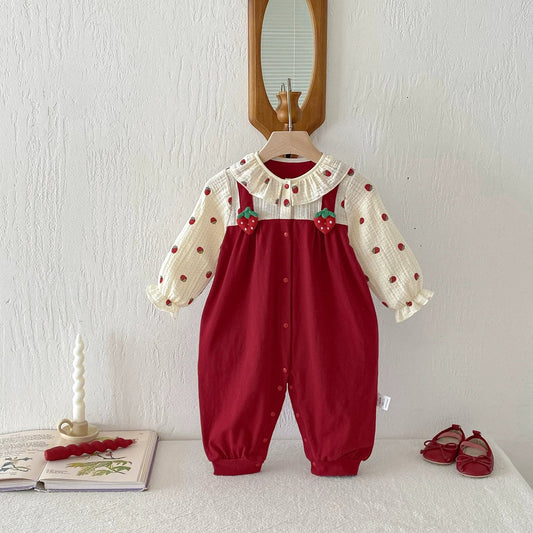 Autumn Hot Selling Baby Girls Long Sleeves Red Strawberry Pattern Color Patchwork Rompers