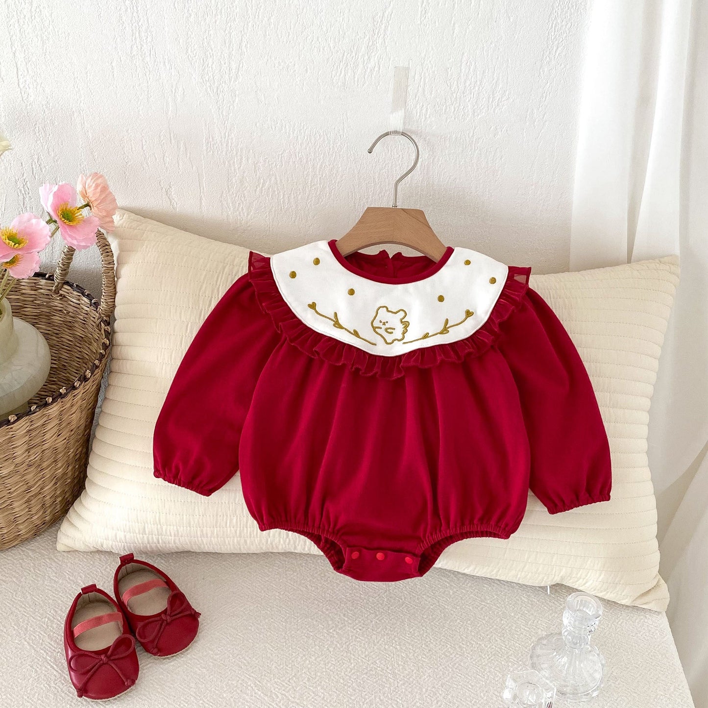 Autumn Arrival Baby Girls Long Sleeves Rabbit Embroidery Collar Red Onesies