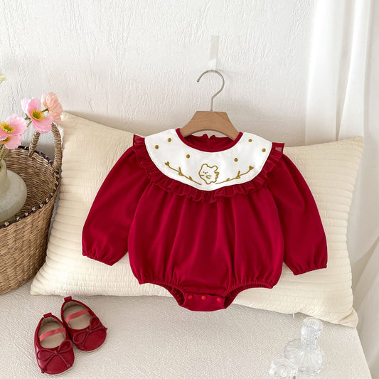 Autumn Arrival Baby Girls Long Sleeves Rabbit Embroidery Collar Red Onesies