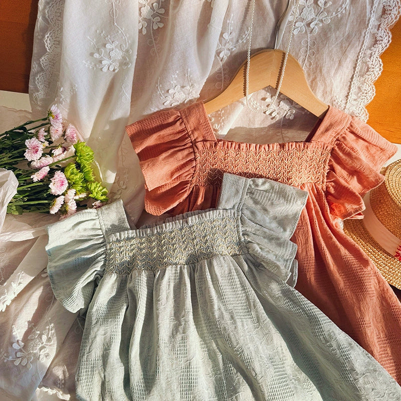 Summer Arrival Baby Kids Girls Fly Sleeves Solid Color Plain Dress