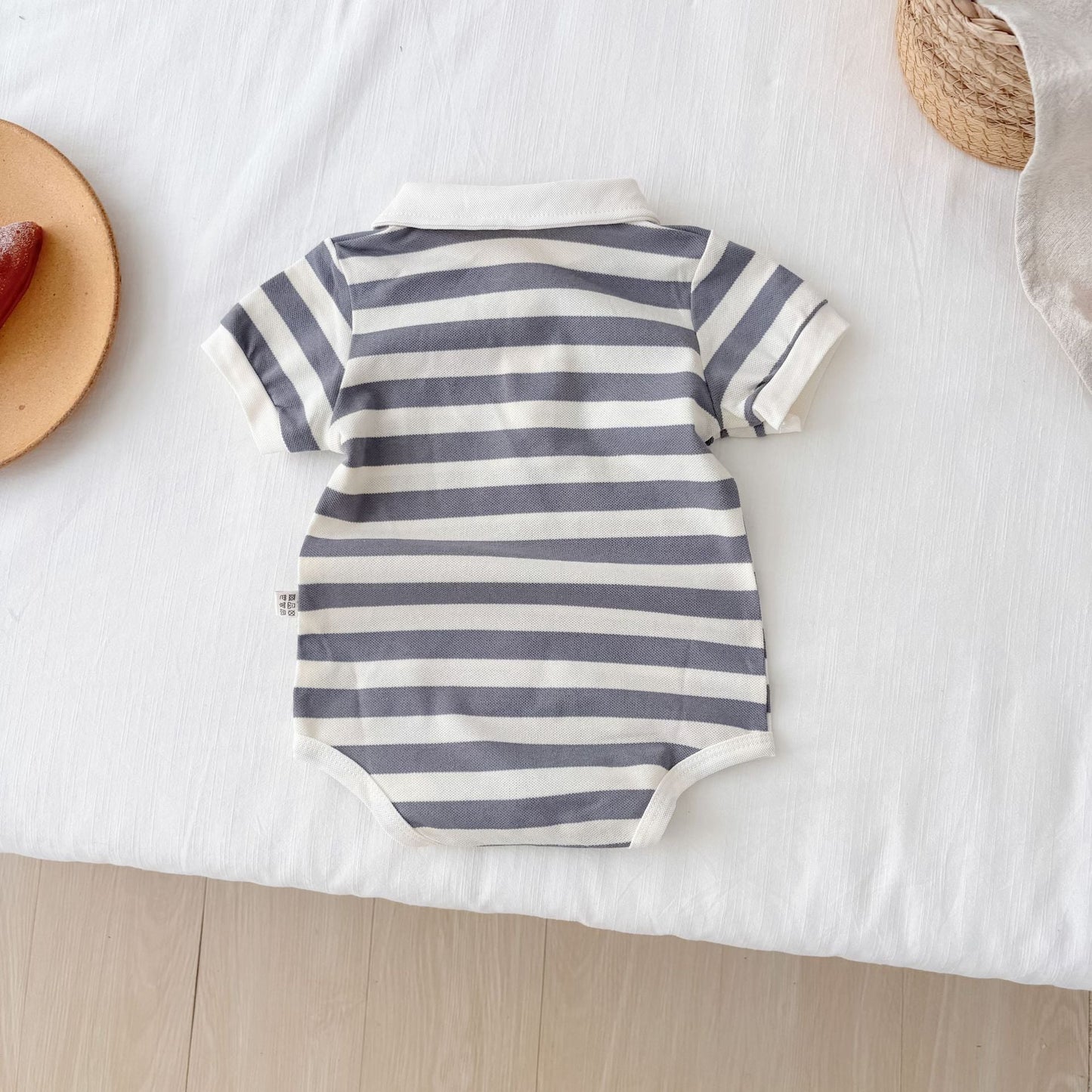 Summer Arrival Baby Unisex Casual Striped Short Sleeves Turn-down Collar Onesies