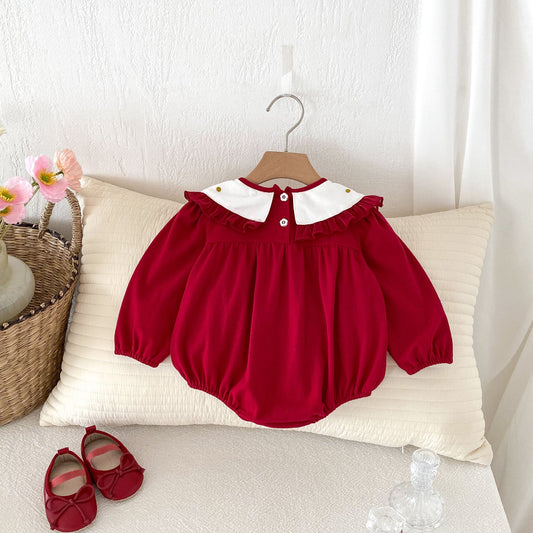 Autumn Arrival Baby Girls Long Sleeves Rabbit Embroidery Collar Red Onesies