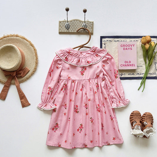 Autumn Arrival Baby Kids Girls Floral Pattern Long Sleeves Dress with Collar