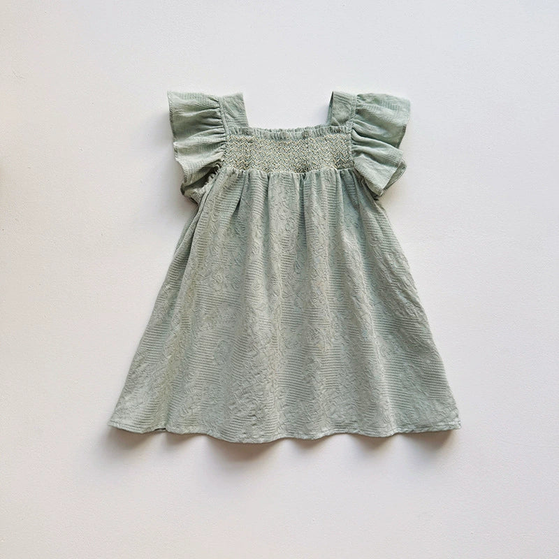 Summer Arrival Baby Kids Girls Fly Sleeves Solid Color Plain Dress