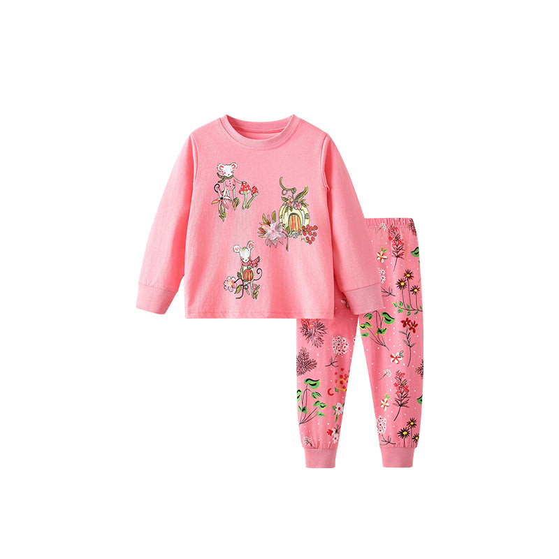 Spring and Autumn Girls Floral Pattern Long Sleeves Top and Pants Clothing Set