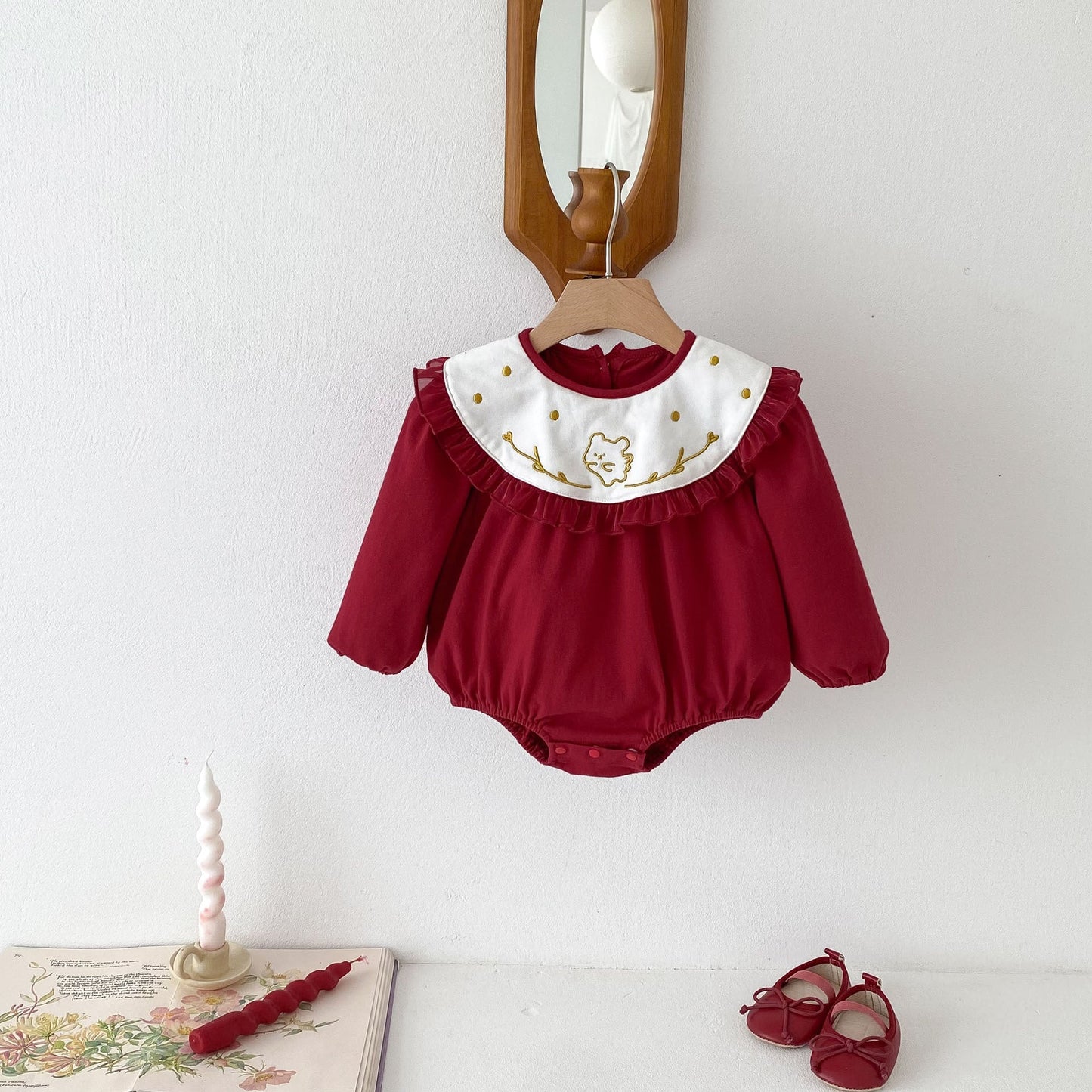 Autumn Arrival Baby Girls Long Sleeves Rabbit Embroidery Collar Red Onesies