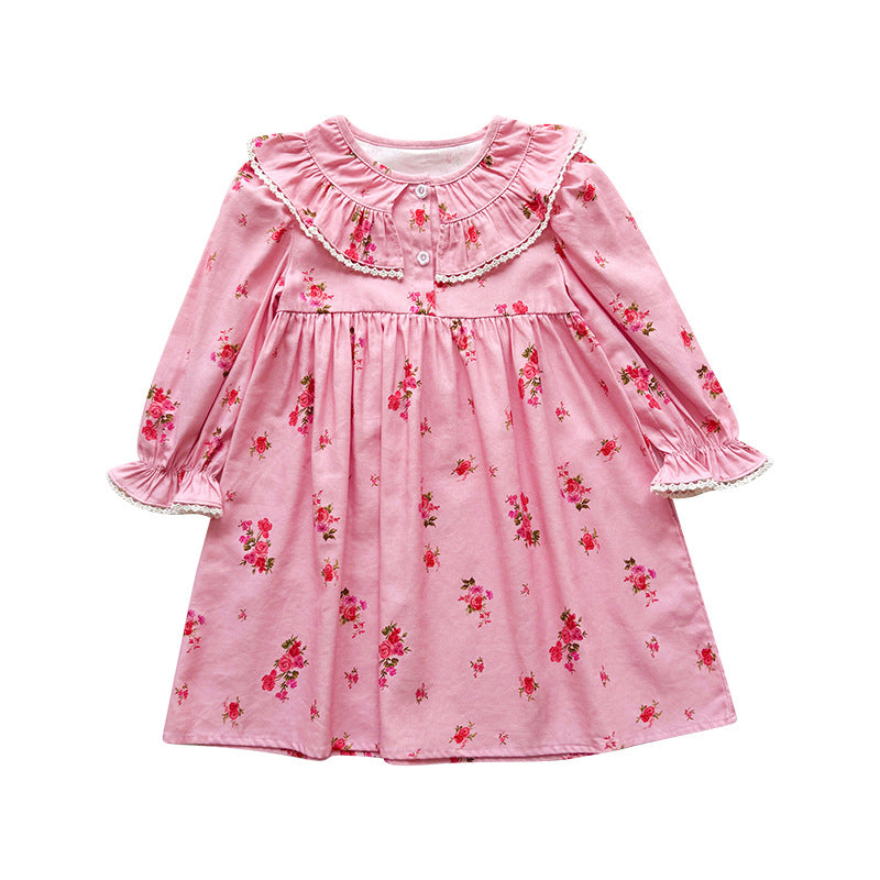 Autumn Arrival Baby Kids Girls Floral Pattern Long Sleeves Dress with Collar