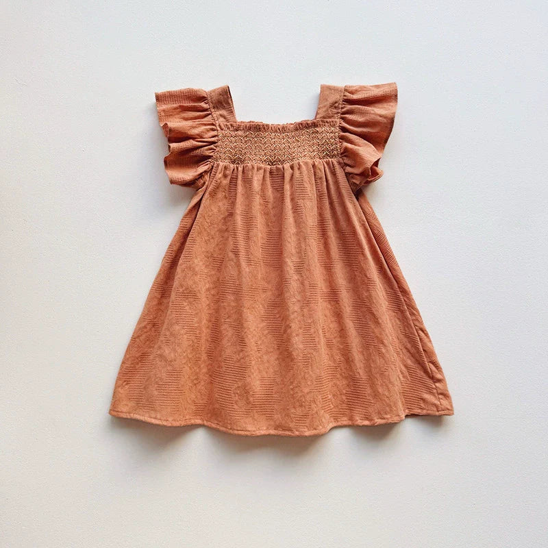 Summer Arrival Baby Kids Girls Fly Sleeves Solid Color Plain Dress