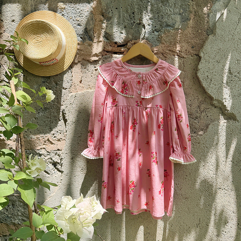 Autumn Arrival Baby Kids Girls Floral Pattern Long Sleeves Dress with Collar