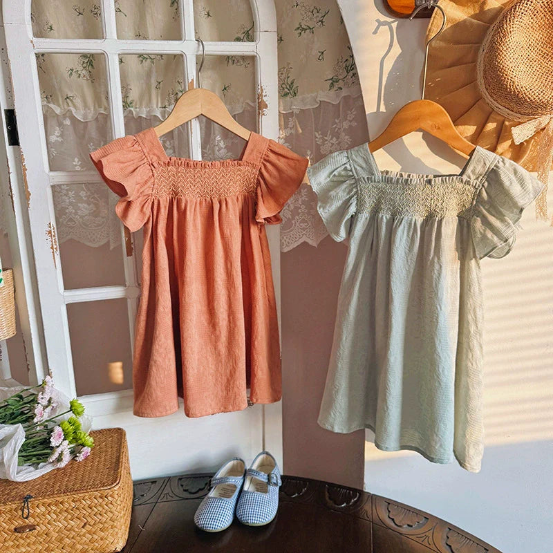 Summer Arrival Baby Kids Girls Fly Sleeves Solid Color Plain Dress